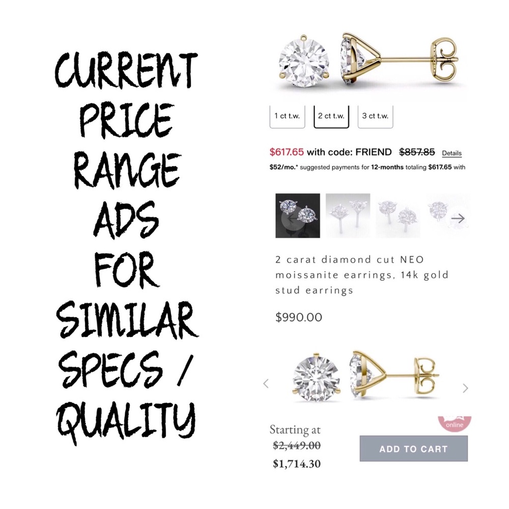 14KT 2 CARAT GENUINE MOISSANITE SOLID YELLOW GOLD MARTINI SET STUD EARRINGS NWOT - Picture 6 of 12
